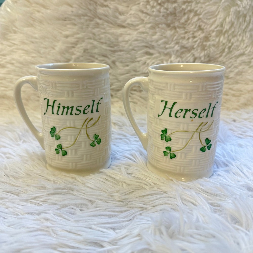 Belleek Ireland Shamrock Herself Himself Mugs 2 Piece 12 oz - Handpainted NEW